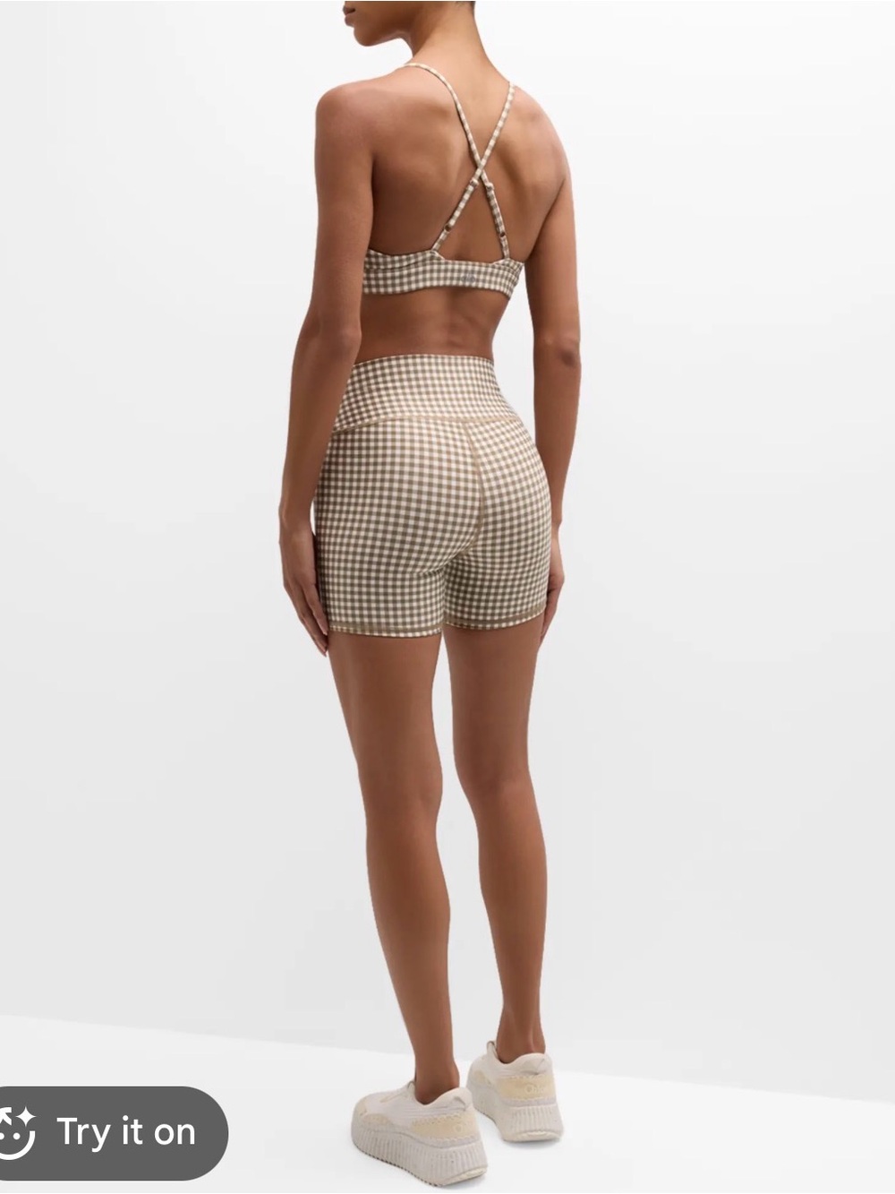 ALO Yoga SET Airlift Gingham Bralette & High-Rise Bike Shorts in Cream and Tan - Picture 2 of 10